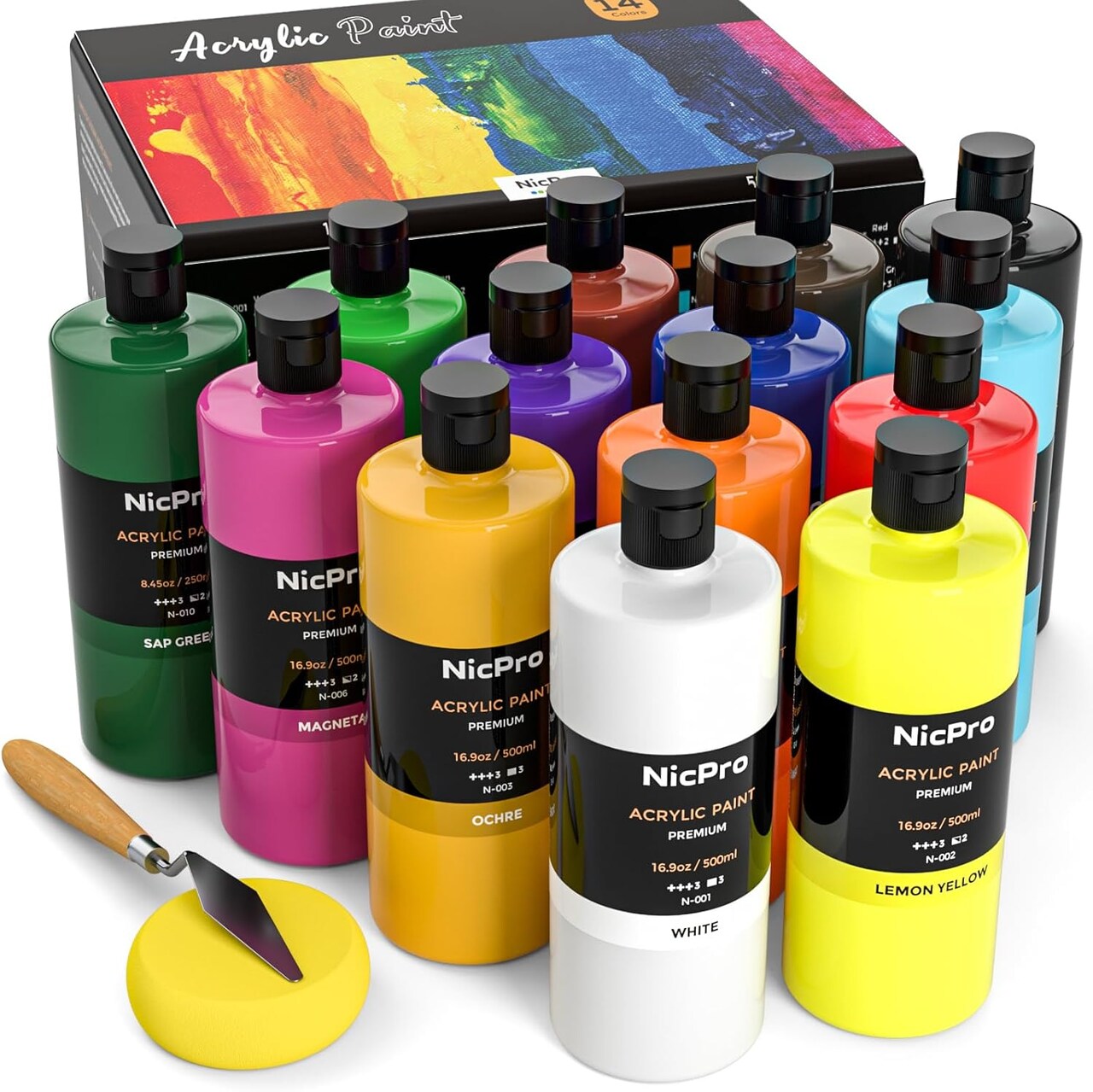 14-Color Large Acrylic Paint Set – 16.9 oz (500 ml) Non-Toxic, Multi-Surface Painting for Canvas, Wood, Rock, Ceramic, Leather, Fabric, Includes Color Wheel, for Kids & Adults